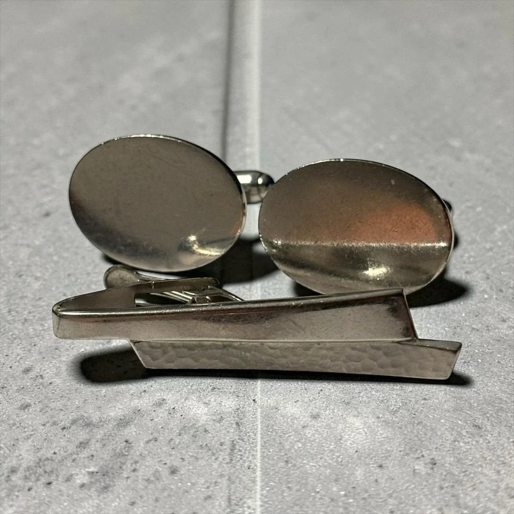 Vintage Cufflinks Tie Bar Signed Anson & Foster Mens Silver Tone Classic Formal